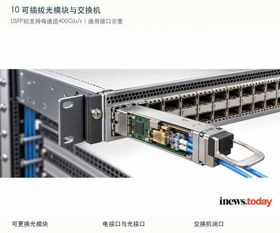 可插拔光模块与交换机接口的关系；为通用工程示意，不表示USFP已定型机械结构。