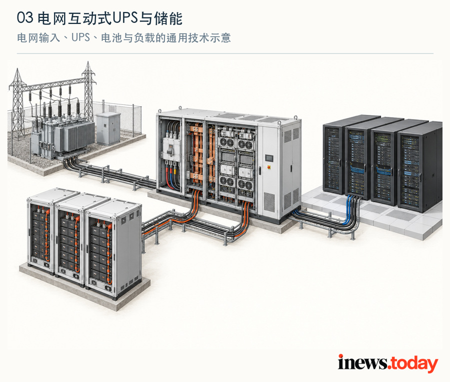 电网、UPS、电池与负载之间的连接示意；不对应台塑现场具体设备型号。