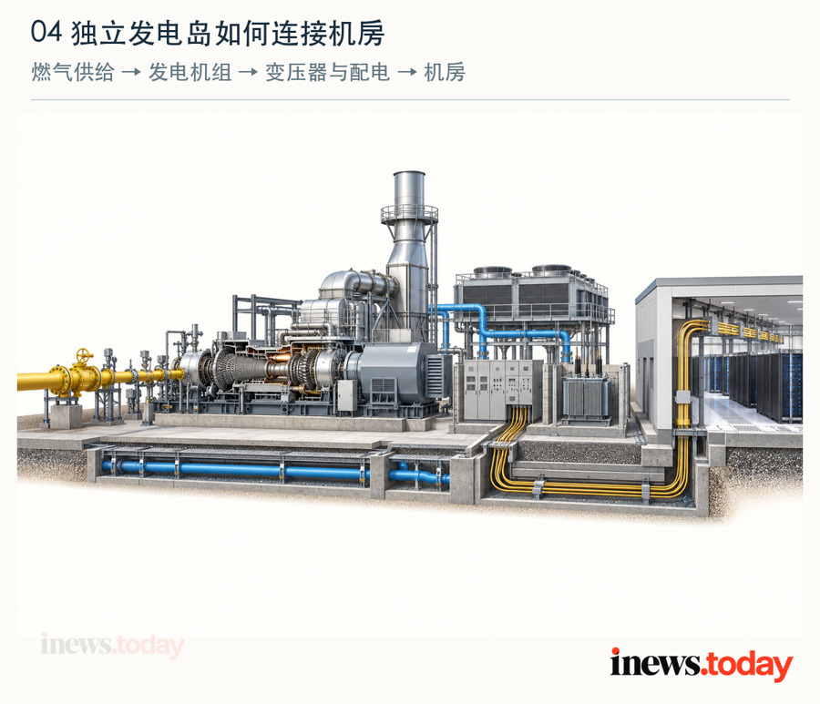燃气发电岛、变压器与机房的连接关系；按公司方案作通用工程示意。