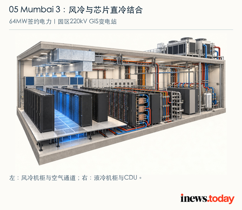 Mumbai 3采用风冷与芯片直冷混合架构，配合园区220kV变电站；设备为通用示意。