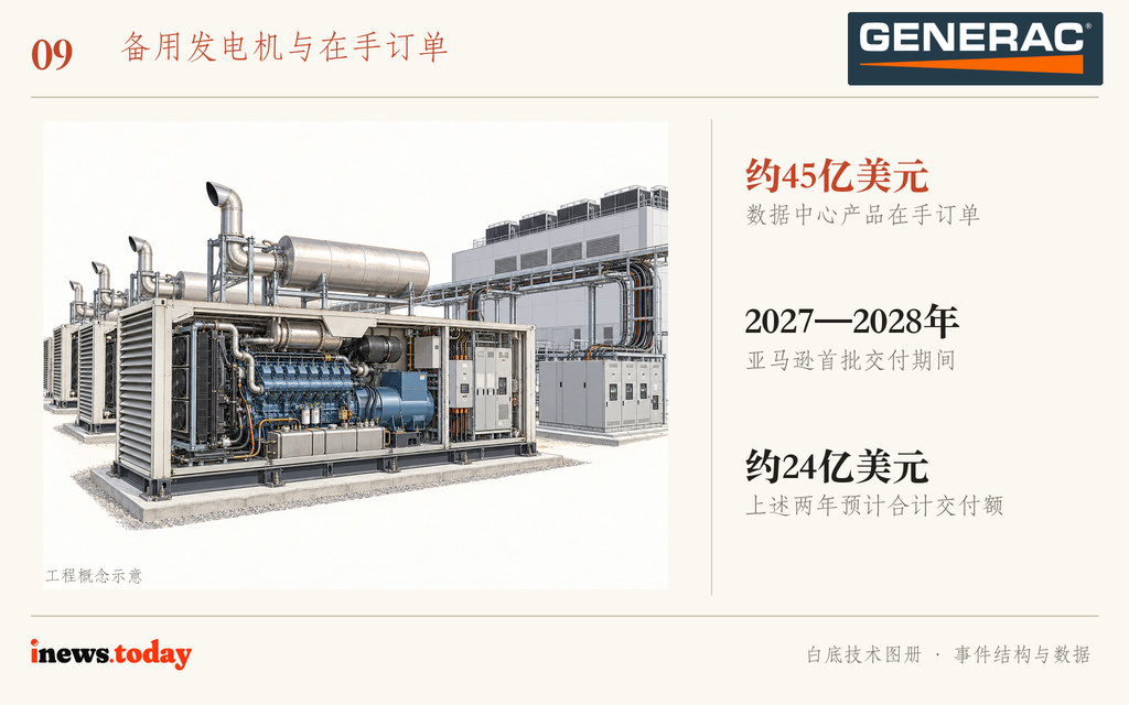 图9｜数据中心备用发电机、散热器与配电切换示意。