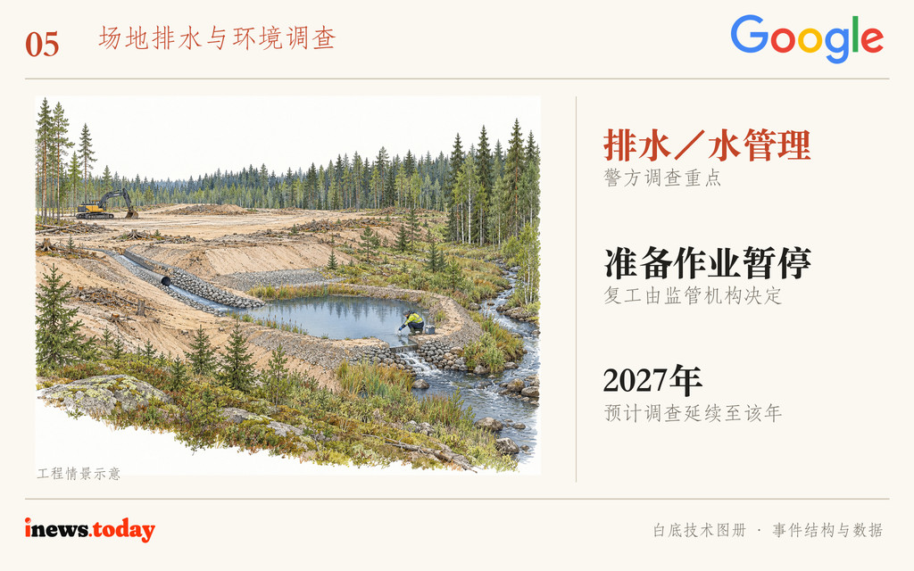 图5｜排水沟、水体与场地作业是本次调查的关注点。工程示意不代表已经认定环境违法。