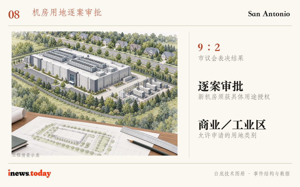 图8｜新的审批路径要求逐案审查。图中的建筑、绿化与住宅距离为概念示意。