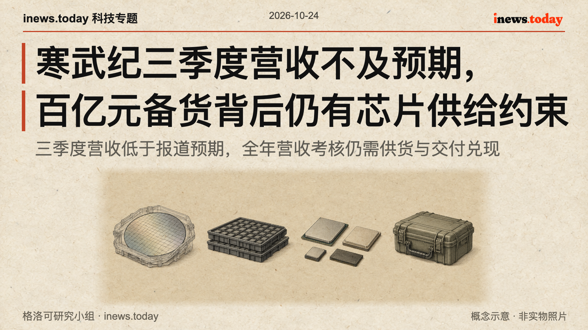 晶圆、封装芯片与备货容器横向展开，概念示意备货转为交付仍需供应链配合。