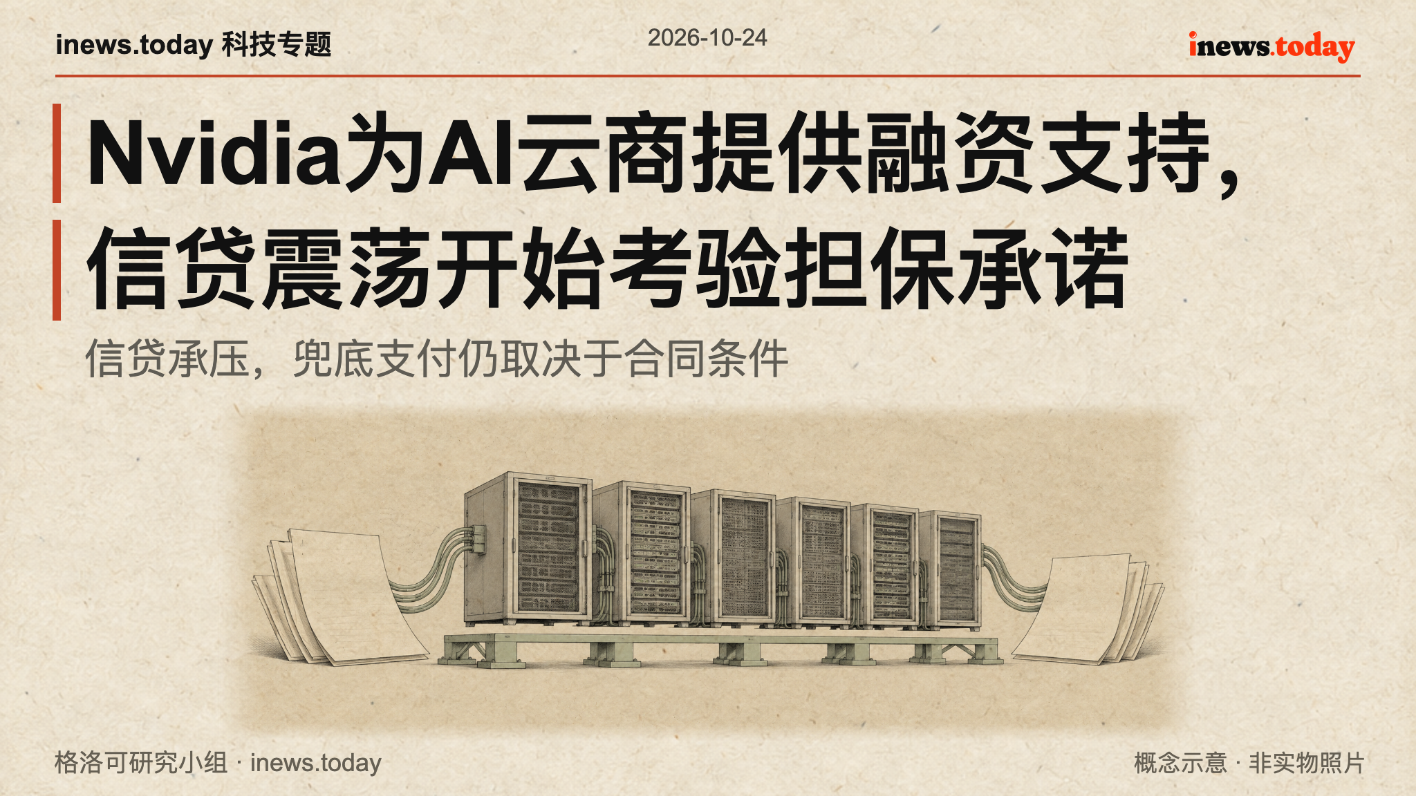 GPU设备、空白合同与待承接支架的横向技术插画，融资兜底关系概念示意。