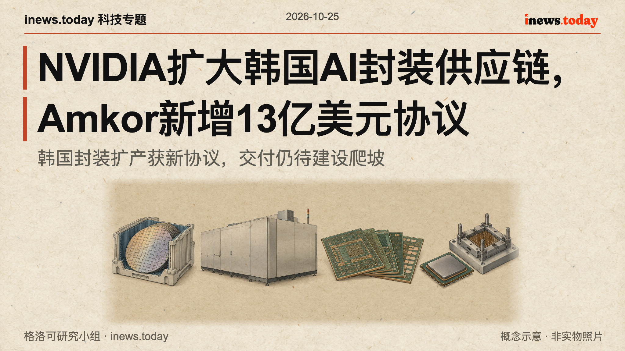 晶圆、封装基板与加工测试设备横向陈列，呈现供应链扩产的概念示意。