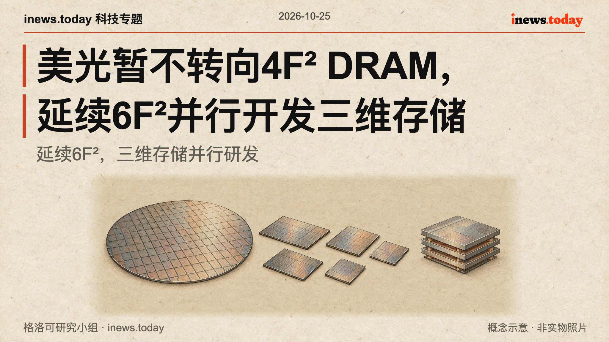 平面存储芯片与抽象堆叠芯片并置,表现并行研发方向,概念示意。