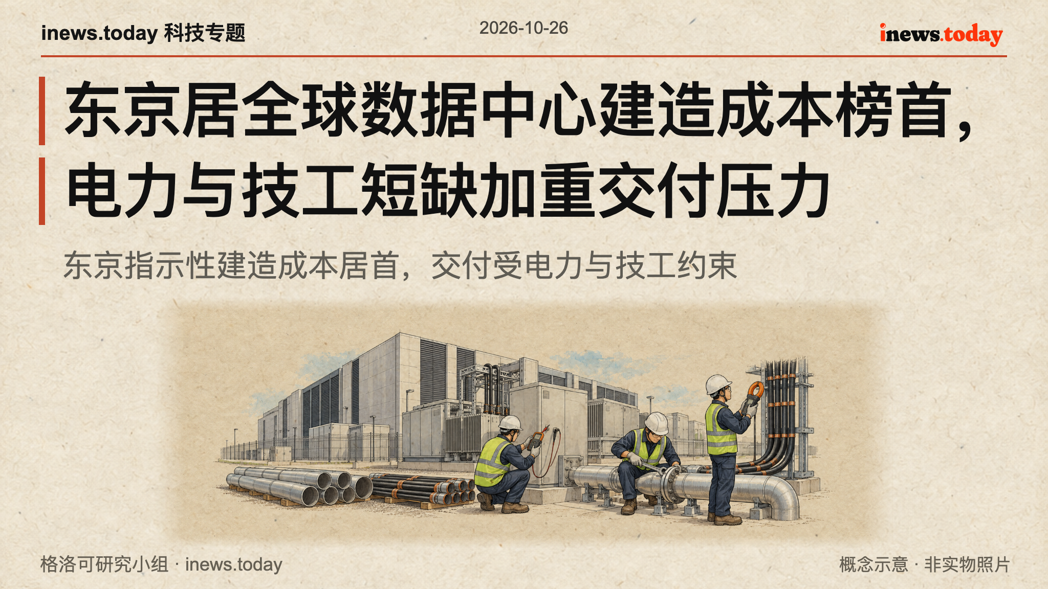 数据中心、接电设备与专业技工的概念示意
