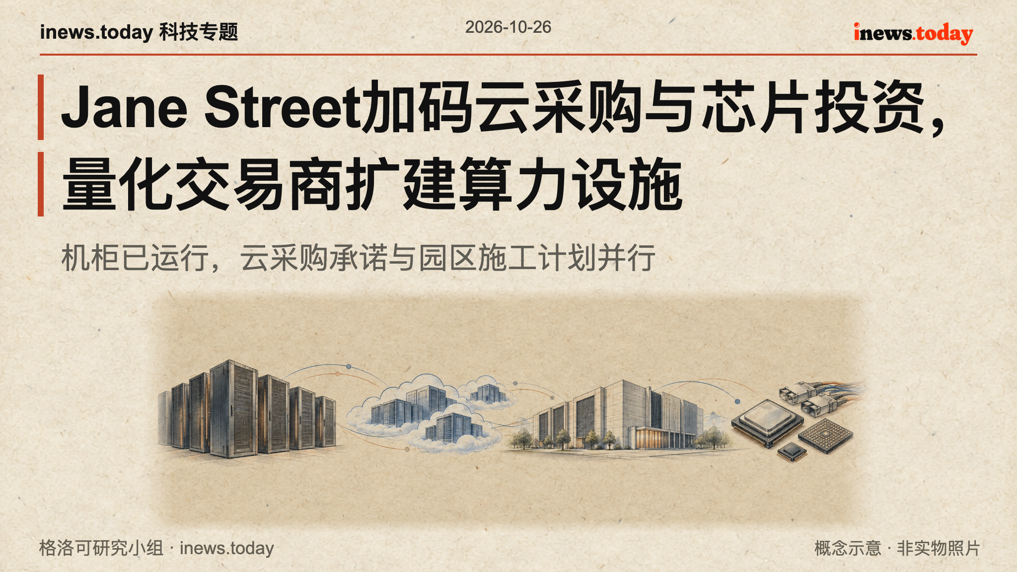 云算力采购、机房设备与芯片投资的横向技术插画，概念示意。