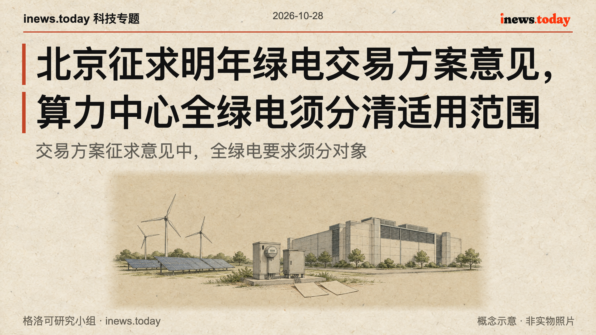 风光发电、计量设备与数据中心构成绿电采购核验的概念示意