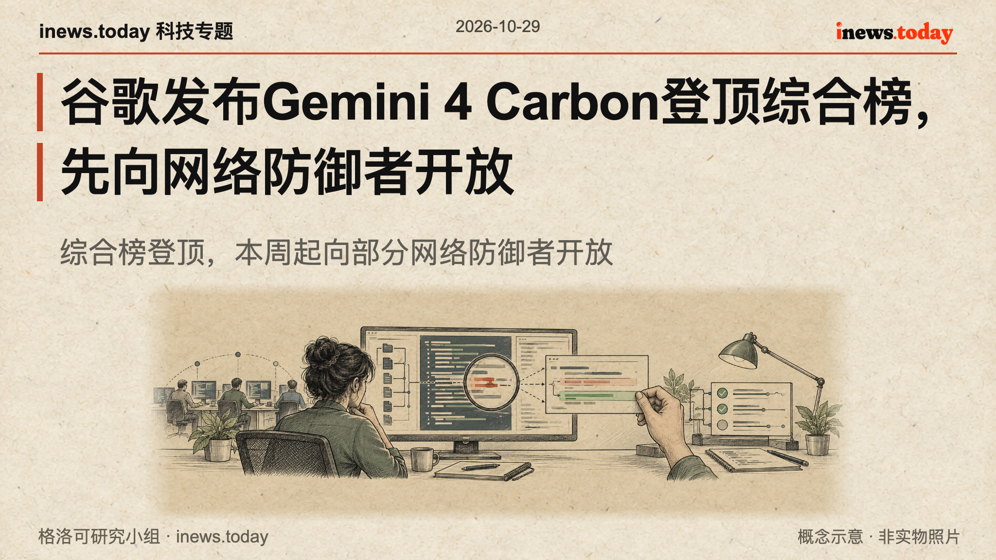 网络防御工作台上的代码排查、补丁验证与人工审查，概念示意。