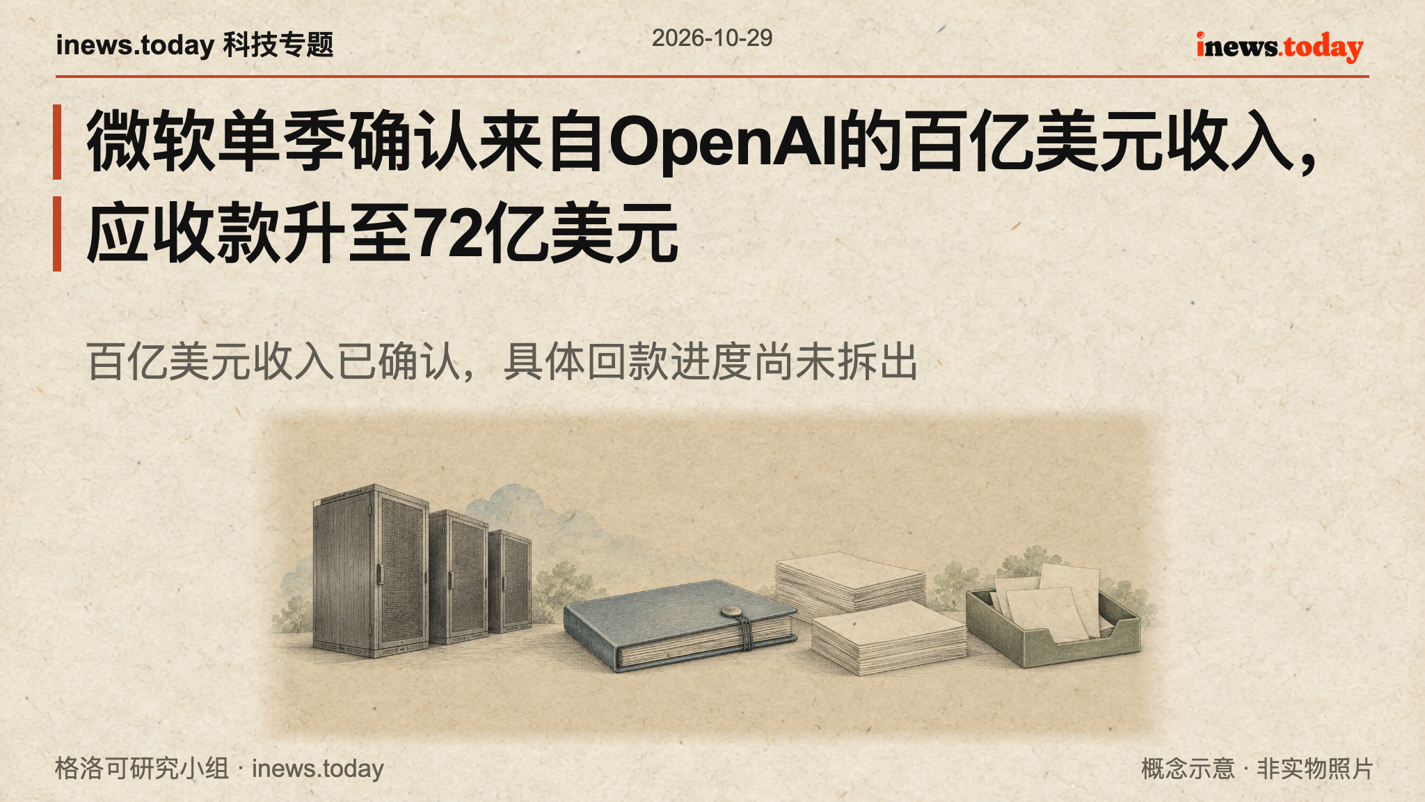 云服务设备、合同与待结算凭据构成横向静物,概念示意收入确认、交付与回款的区别。