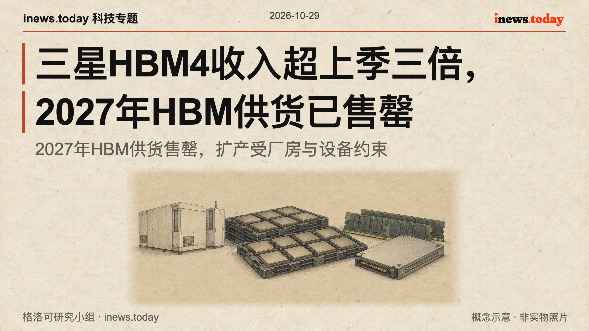 HBM封装、制造设备与服务器存储的横向技术插画，概念示意。