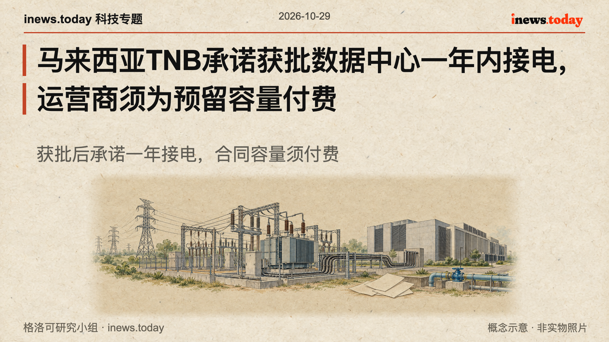 电网经变电站连接数据中心，结合水资源与合同要素的概念示意