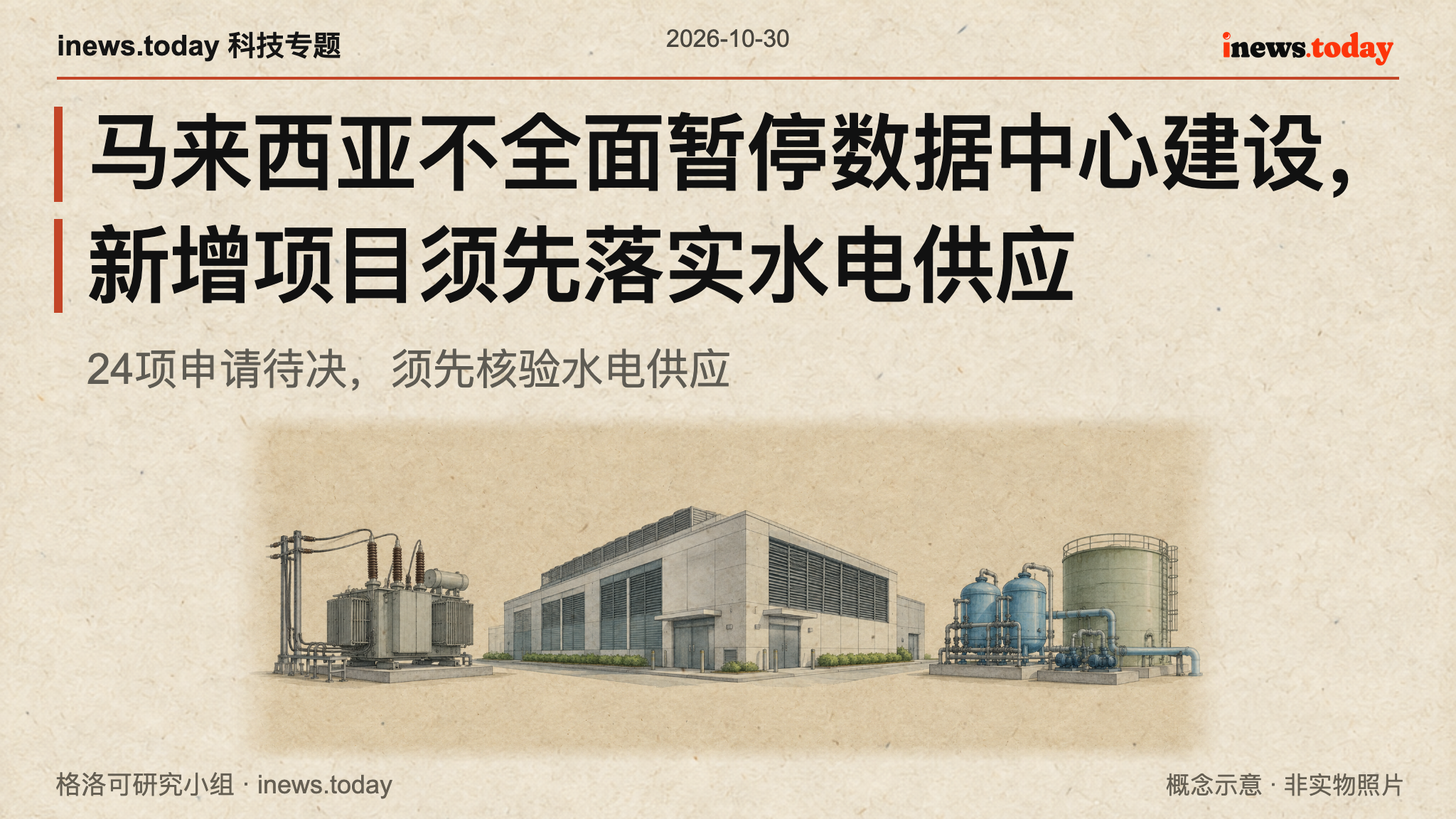 数据中心外观与供电、再生水设备的概念示意