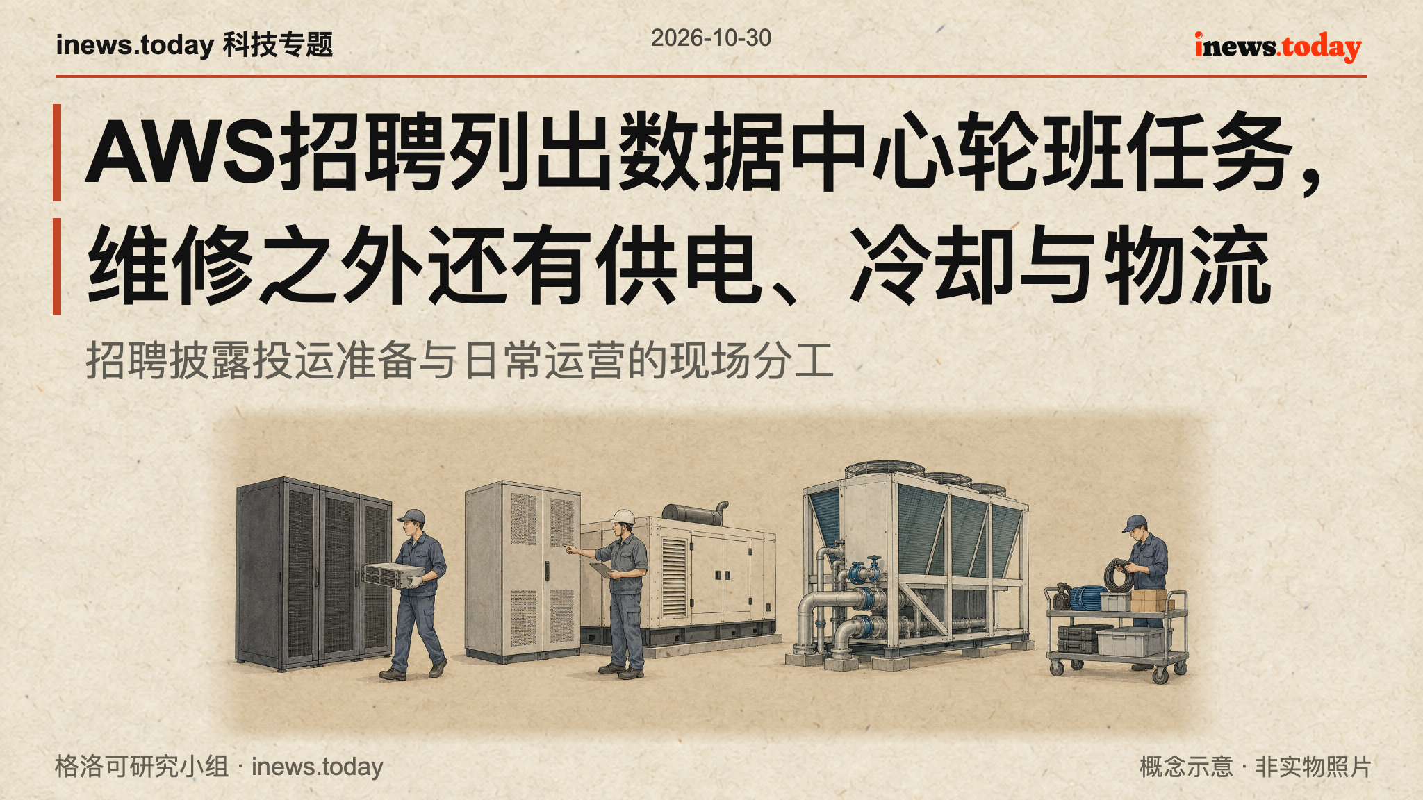 数据中心硬件维修、供电冷却与备件物流的现场分工概念示意