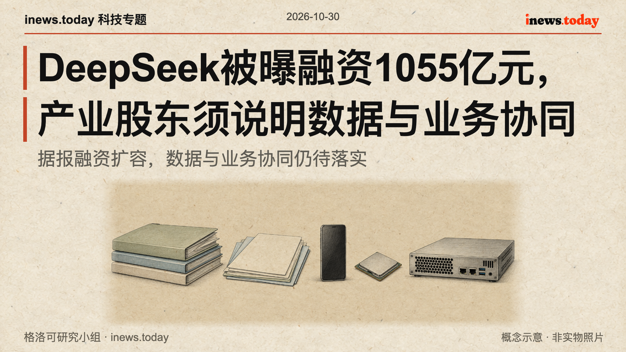 融资文件、数据资料与计算设备横向排列，概念示意