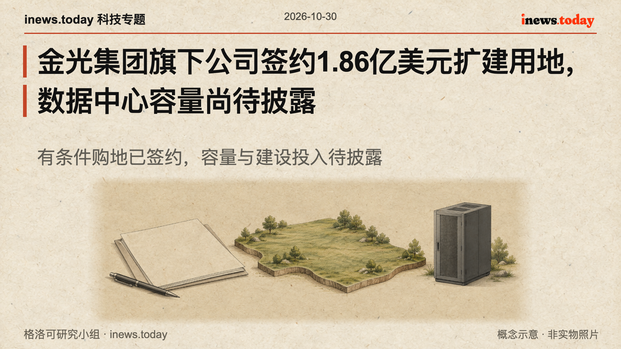 空白协议、抽象地块与封闭设备柜，表现数据中心扩建用地签约的概念示意。